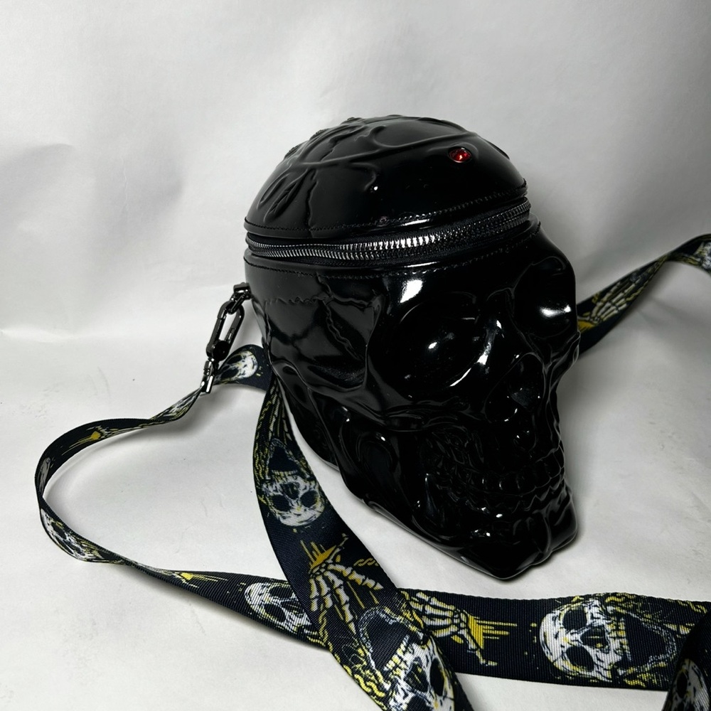 Black Gloss Skull Crossbody Bag with Skull Strap